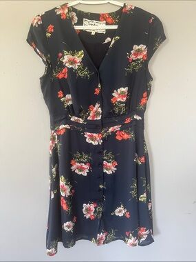 Pink Martini Navy Floral Button-Front Mini Dress Medium